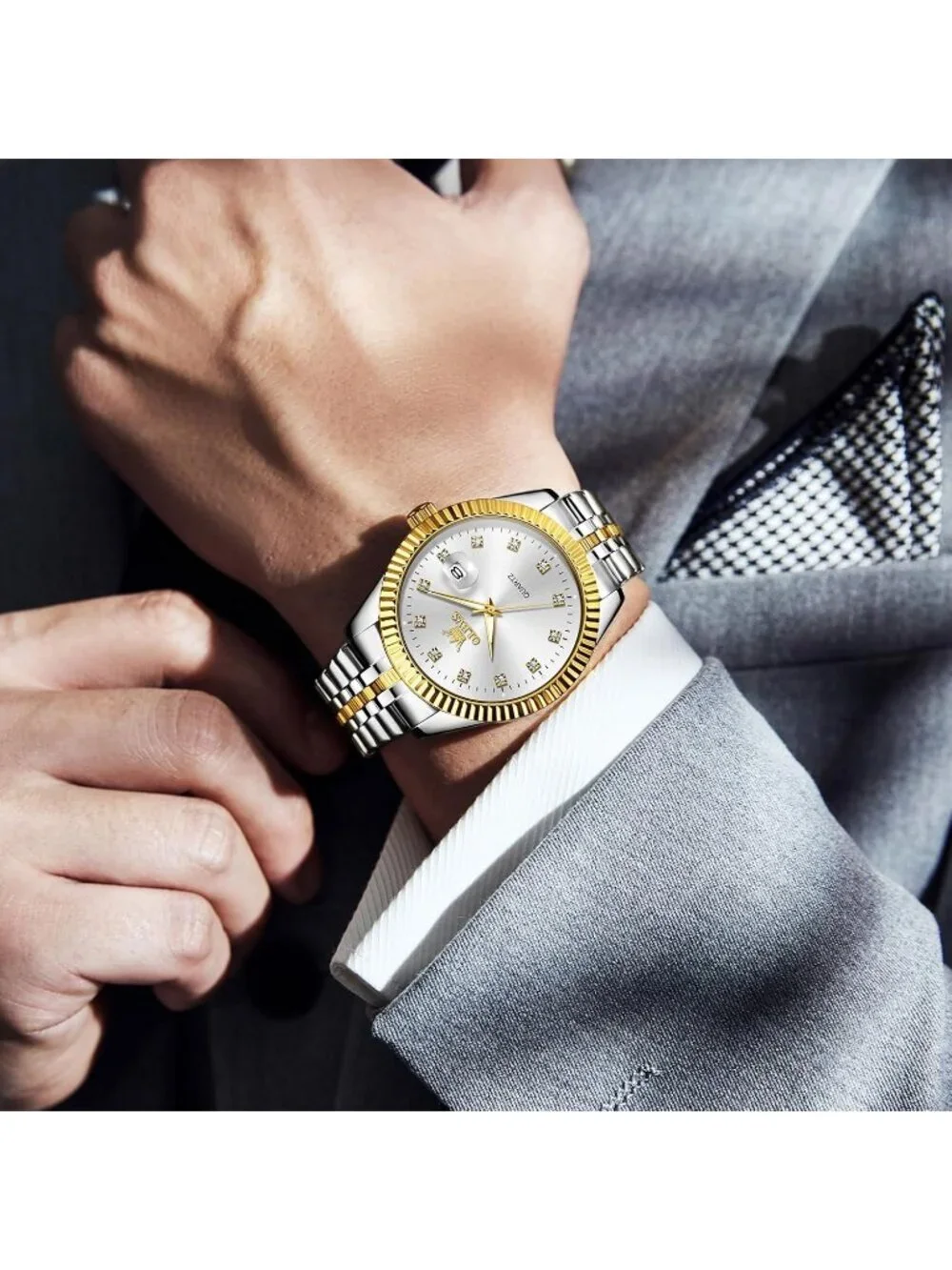 Olevs Mens Silver Gold Luxury White Dimond Dot Face Analog Quartz Luminous Watch